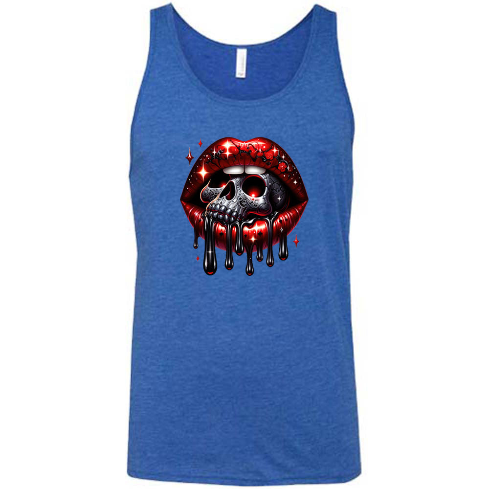 blue shirt with a skull and lip graphic on it