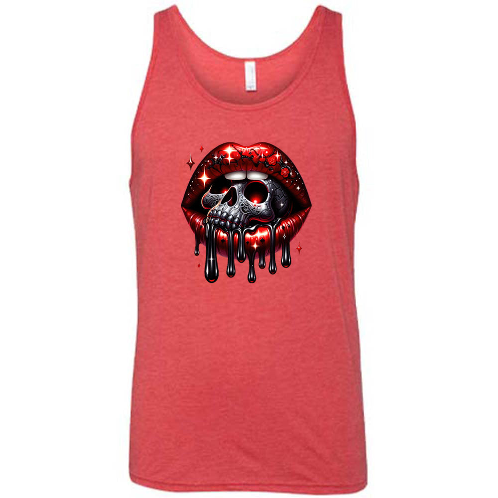 red shirt with a skull and lip graphic on it