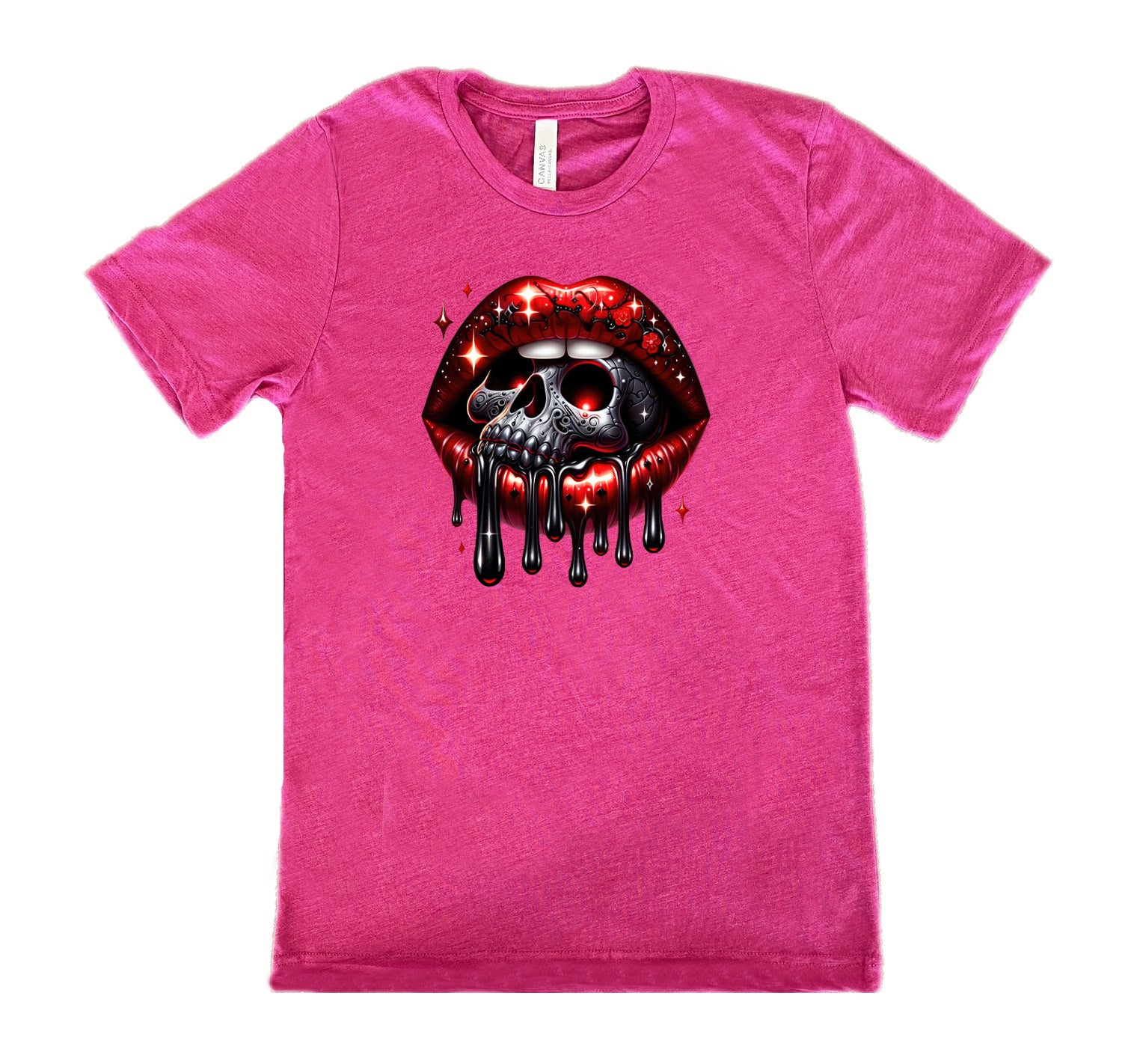 berry shirt with a skull and lip graphic on it