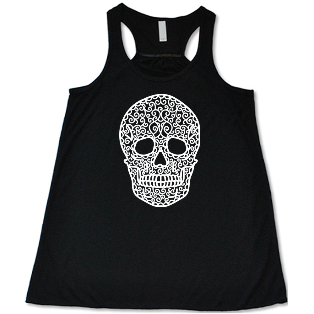 black flowy tank with the graphic of a large lacy skull