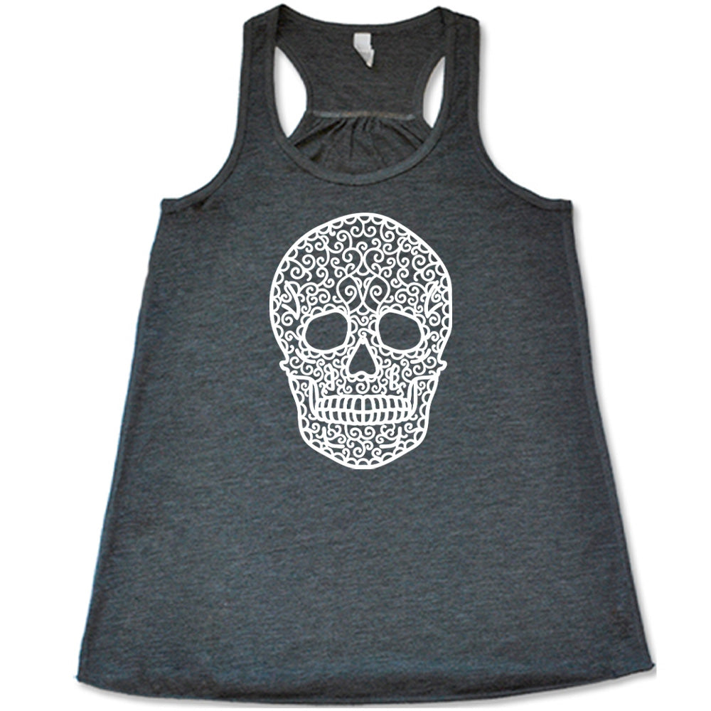grey flowy tank with the graphic of a large lacy skull