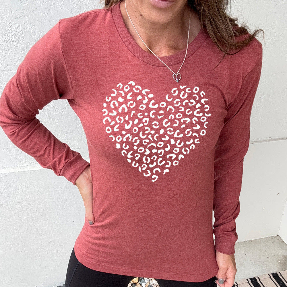 heather clay long sleeve shirt with the graphic of a large heart made up of leopard print