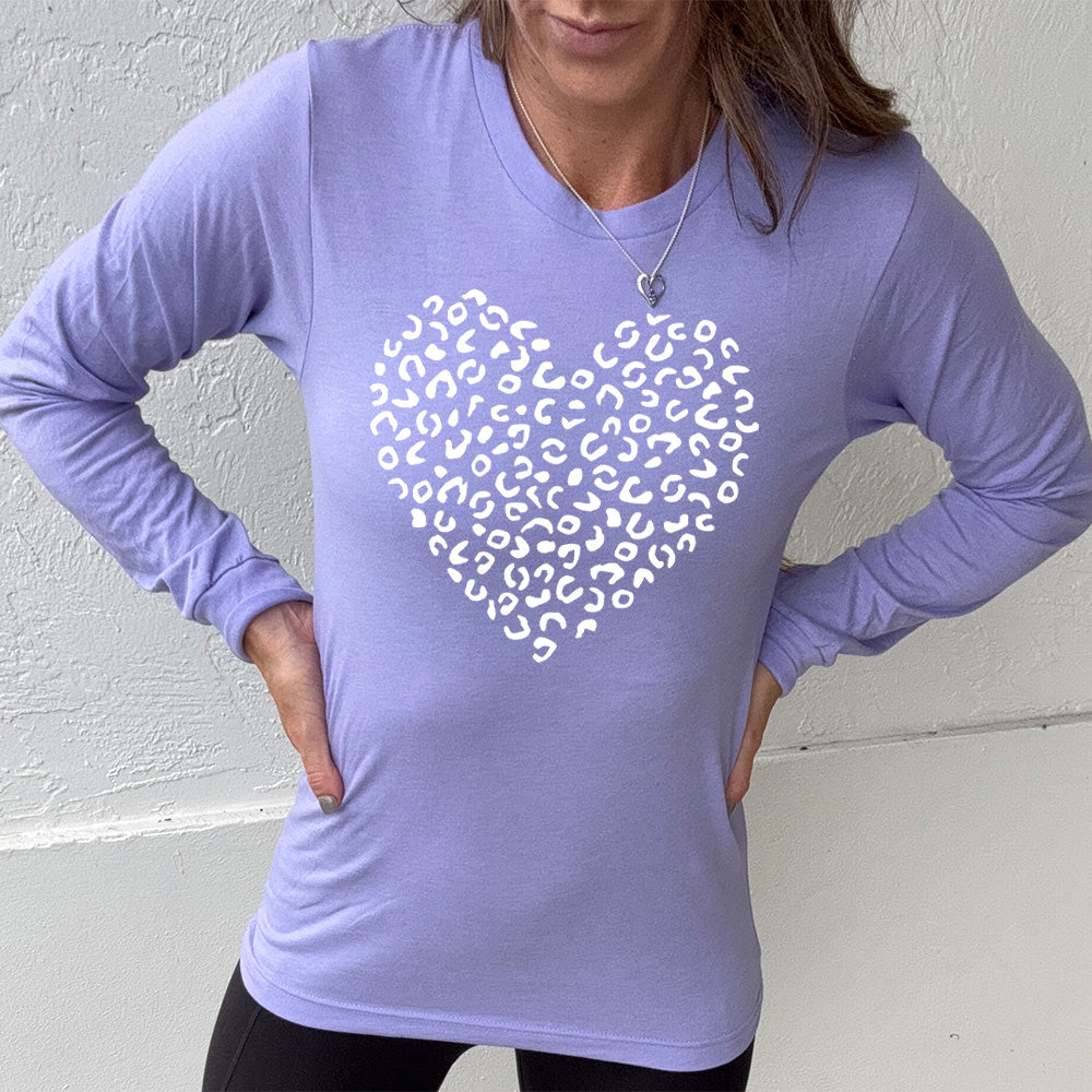 heather dark lavender long sleeve shirt with the graphic of a large heart made up of leopard print