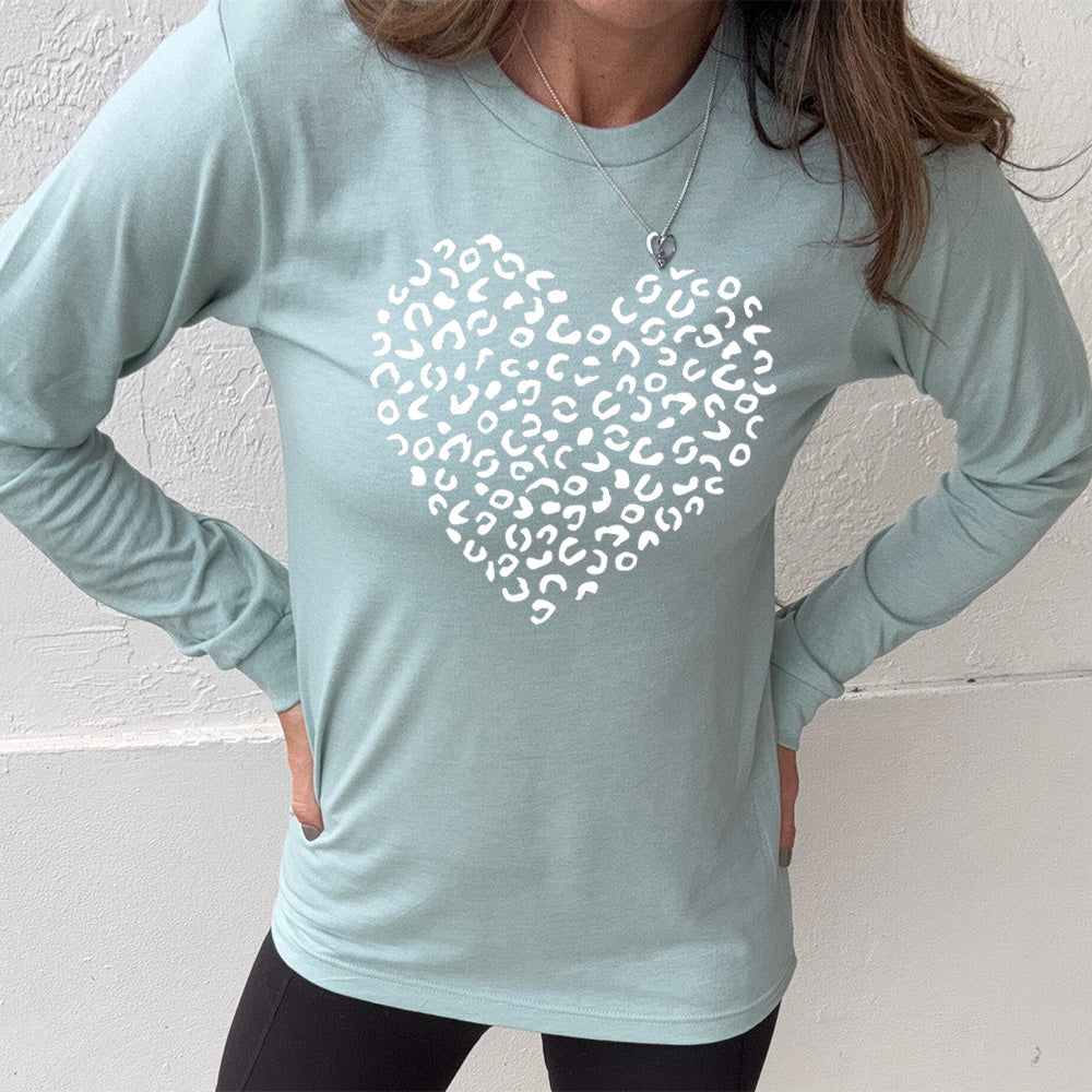 heather dusty blue long sleeve shirt with the graphic of a large heart made up of leopard print