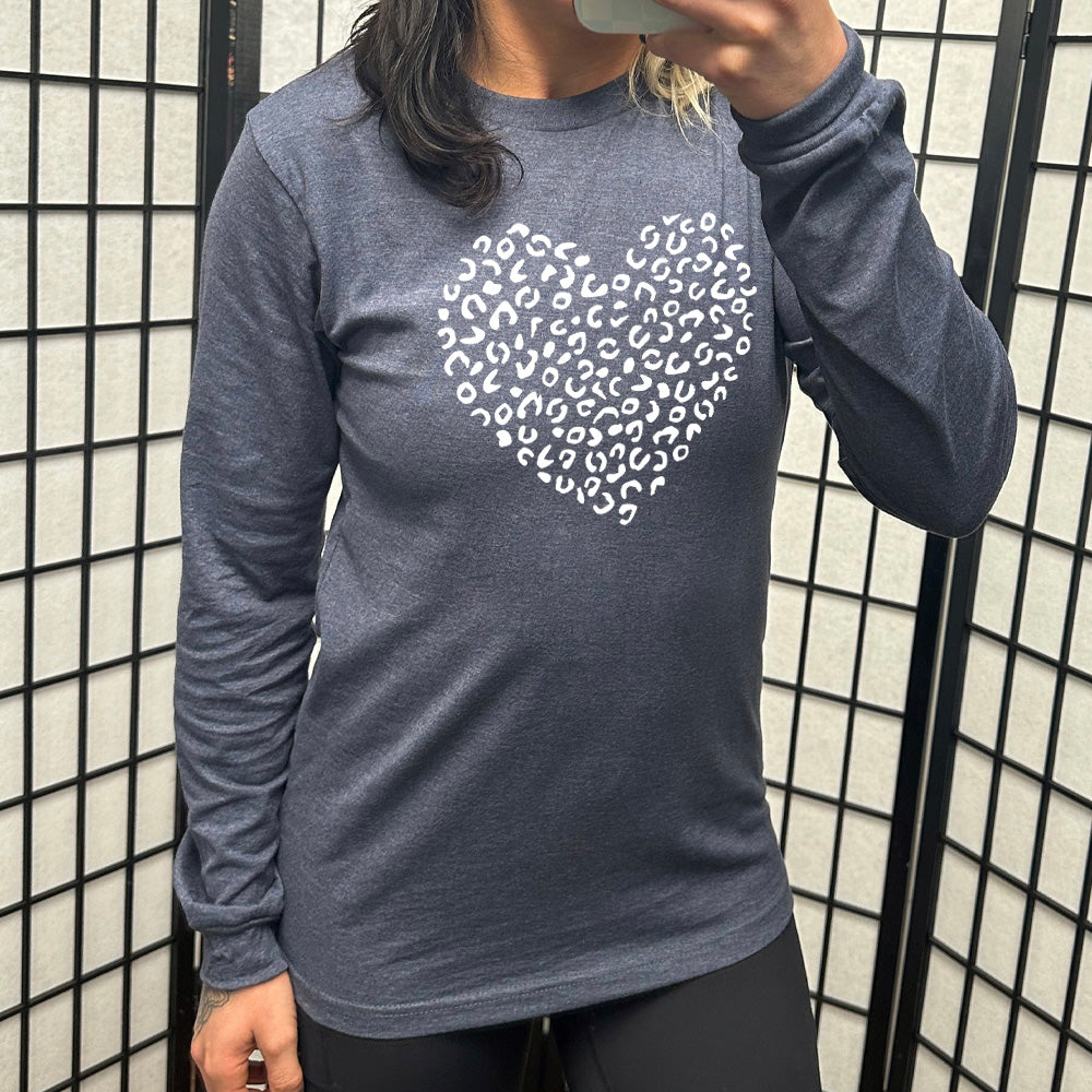 heather navy long sleeve shirt with the graphic of a large heart made up of leopard print