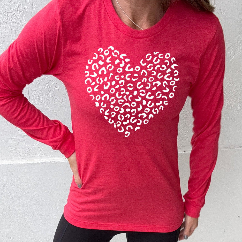 heather red long sleeve shirt with the graphic of a large heart made up of leopard print