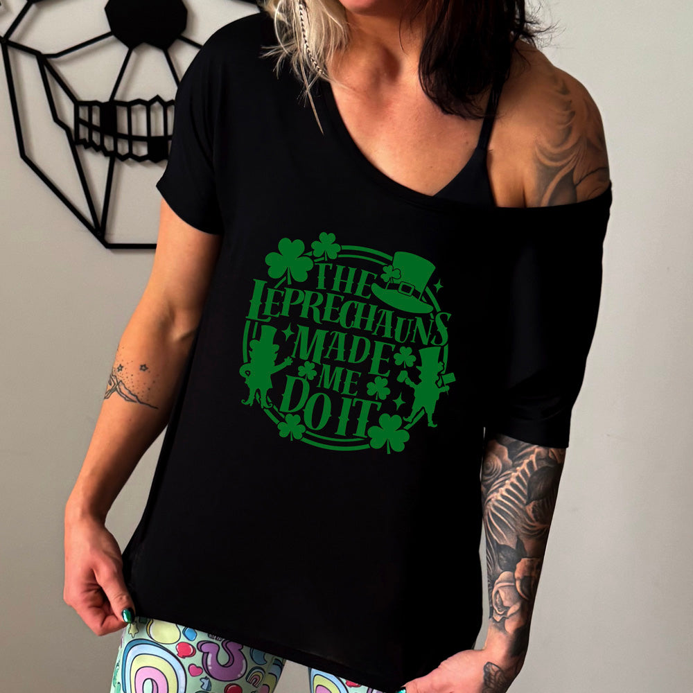 black slouchy shirt with the quote "Leprechauns Made Me Do It" on it