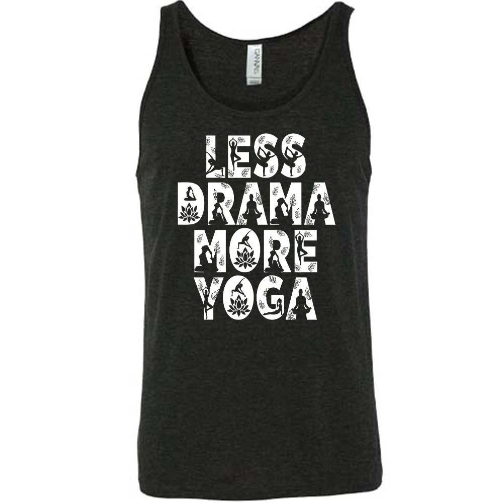 black unisex tank with the words "less drama more yoga" on it, and within each letter there are silhouettes of people doing yoga poses as well as some lotus flowers and some leaves