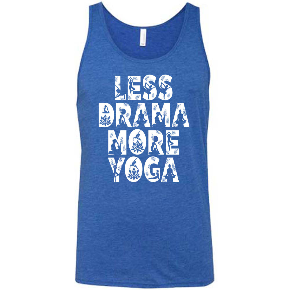 blue unisex tank with the words "less drama more yoga" on it, and within each letter there are silhouettes of people doing yoga poses as well as some lotus flowers and some leaves