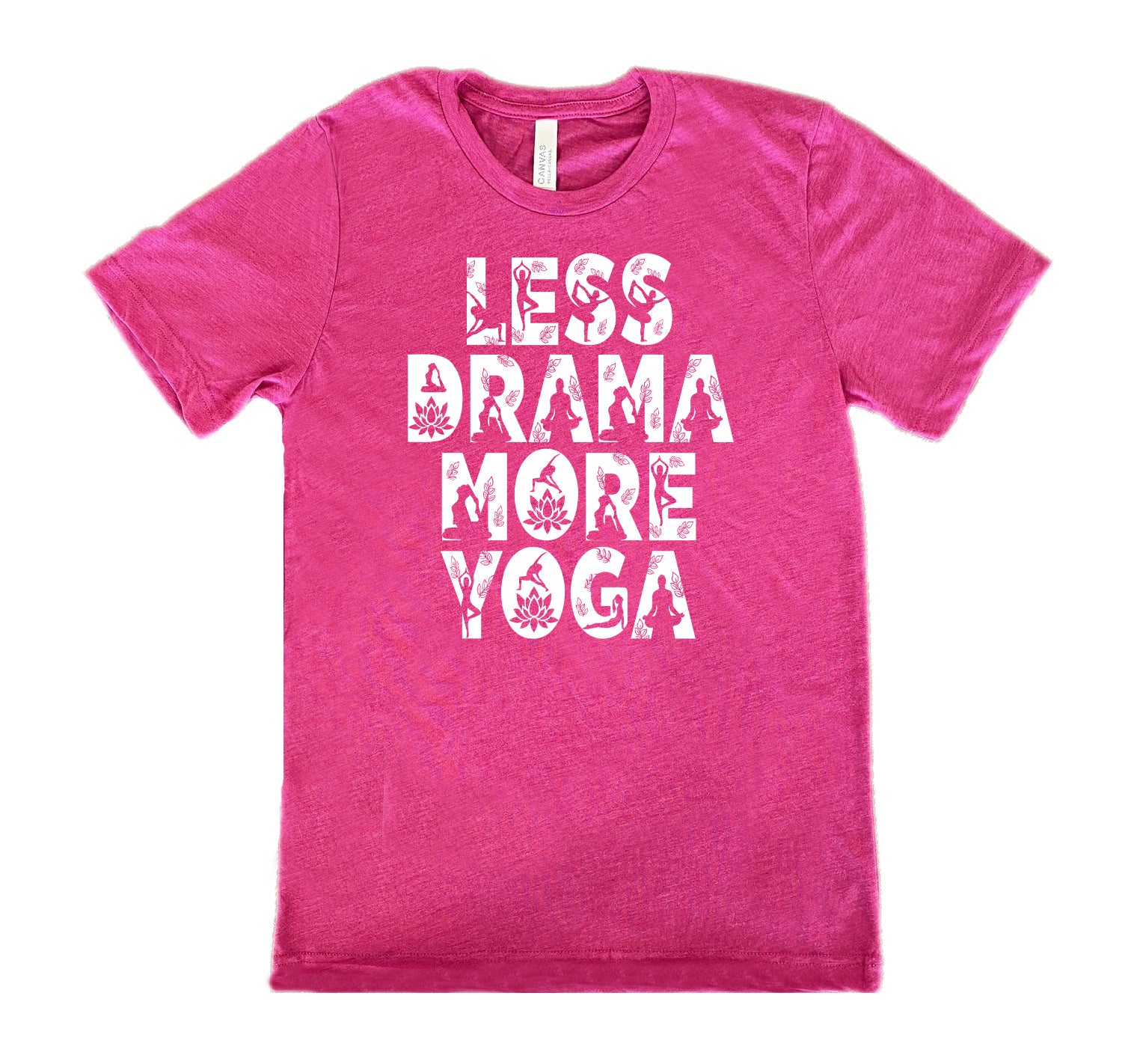 berry unisex tee with the words "less drama more yoga" on it, and within each letter there are silhouettes of people doing yoga poses as well as some lotus flowers and some leaves
