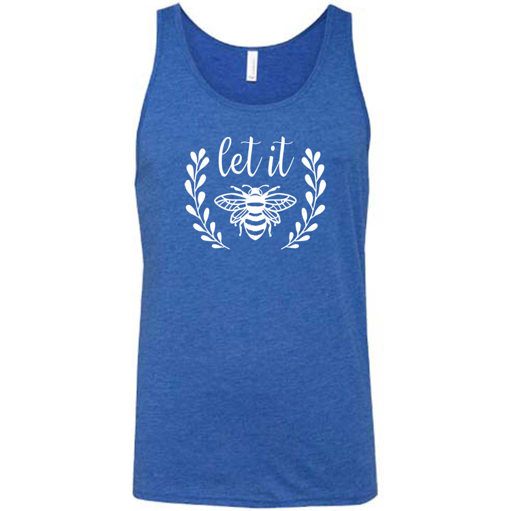Blue colored tank with a bee graphic on it that says "Let it" (bee)