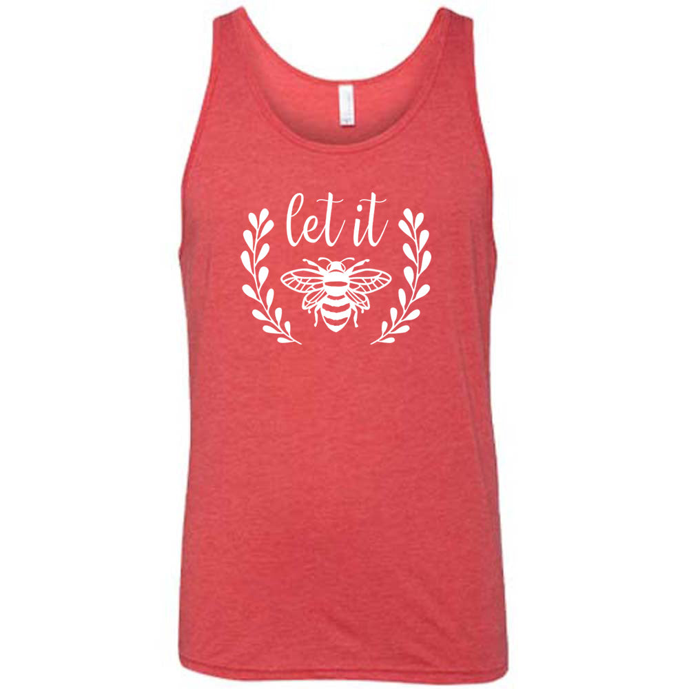 Red colored tank with a bee graphic on it that says "Let it" (bee)