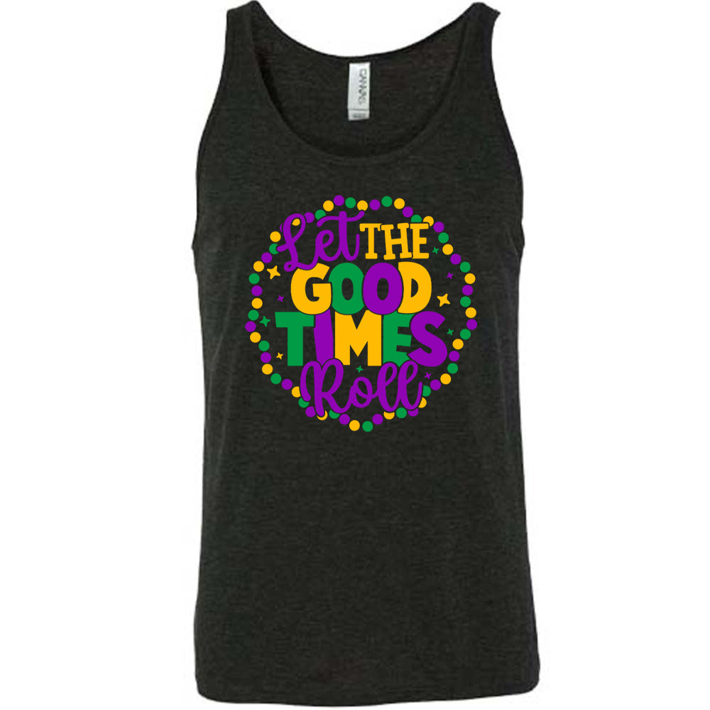 black unisex tank with the words "let the good times roll" on it, with a few little stars around, all within a ring of mardi gras beads