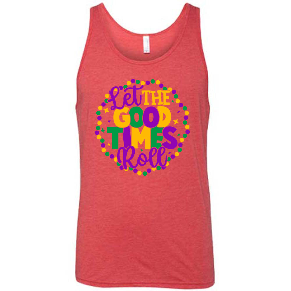 red unisex tank with the words "let the good times roll" on it, with a few little stars around, all within a ring of mardi gras beads