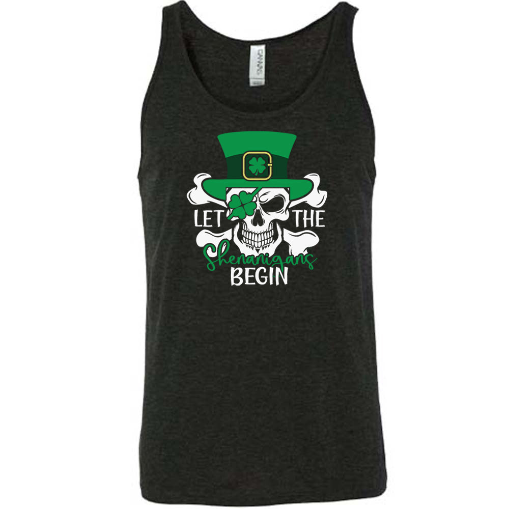 black shirt with the quote "Let The Shenanigans Begin" on it