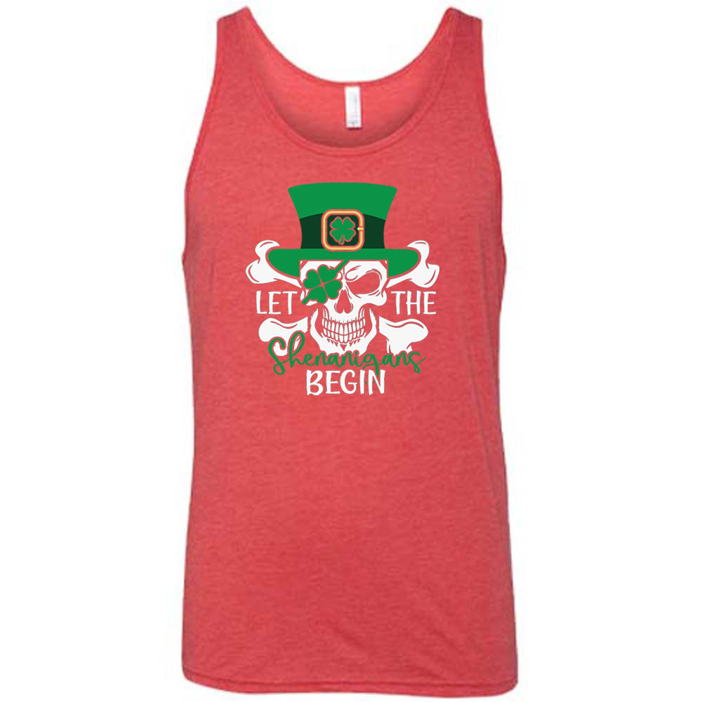 red shirt with the quote "Let The Shenanigans Begin" on it