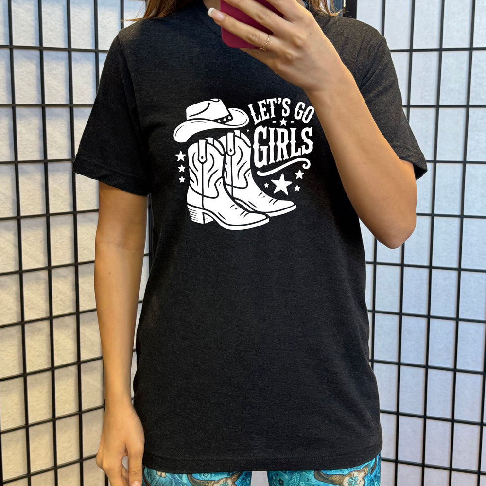 Black colored shirt with a cowgirl boot and hat graphic on it that says "Let's Go Girls"