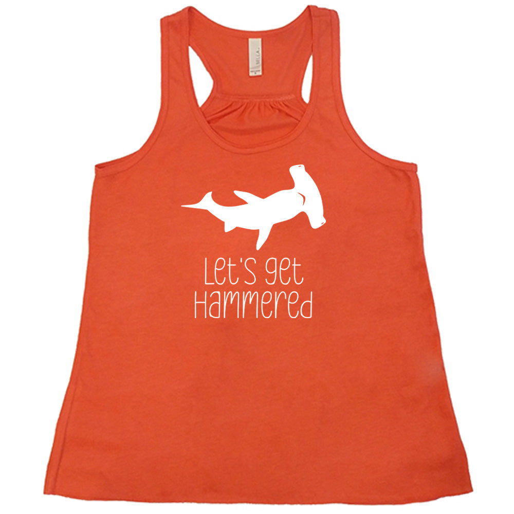 Coral colored flowy tank with a Hammerhead shark graphic on it that says "Lets Get Hammered"