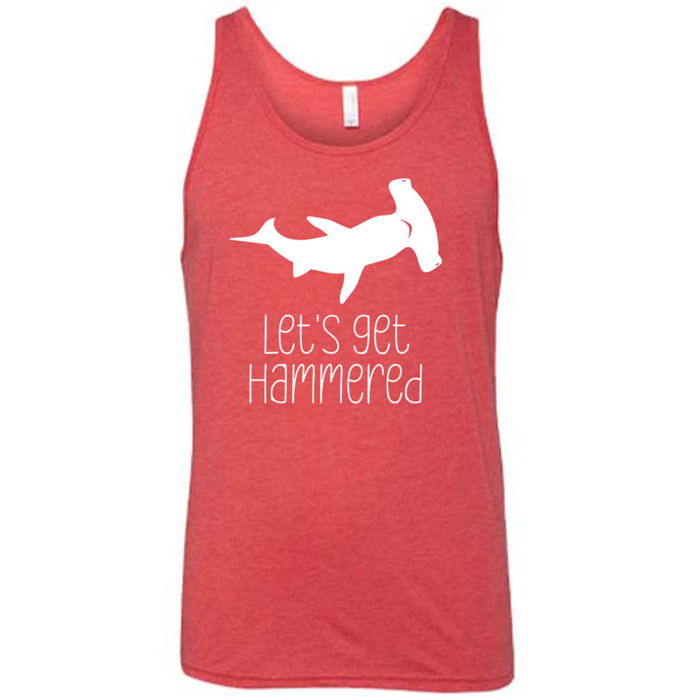Red colored tank with a Hammerhead shark graphic on it that says "Lets Get Hammered"