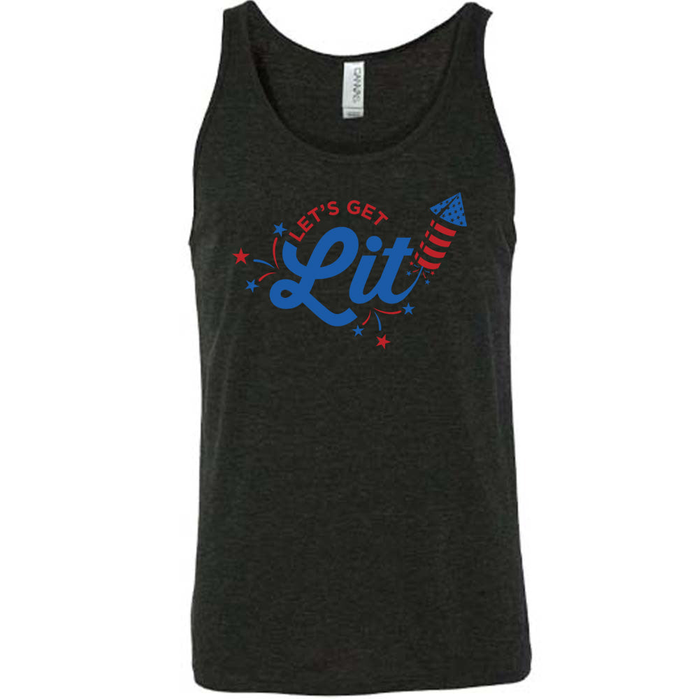 Black colored tank with a firework graphic on it that says "Lets Get Lit"
