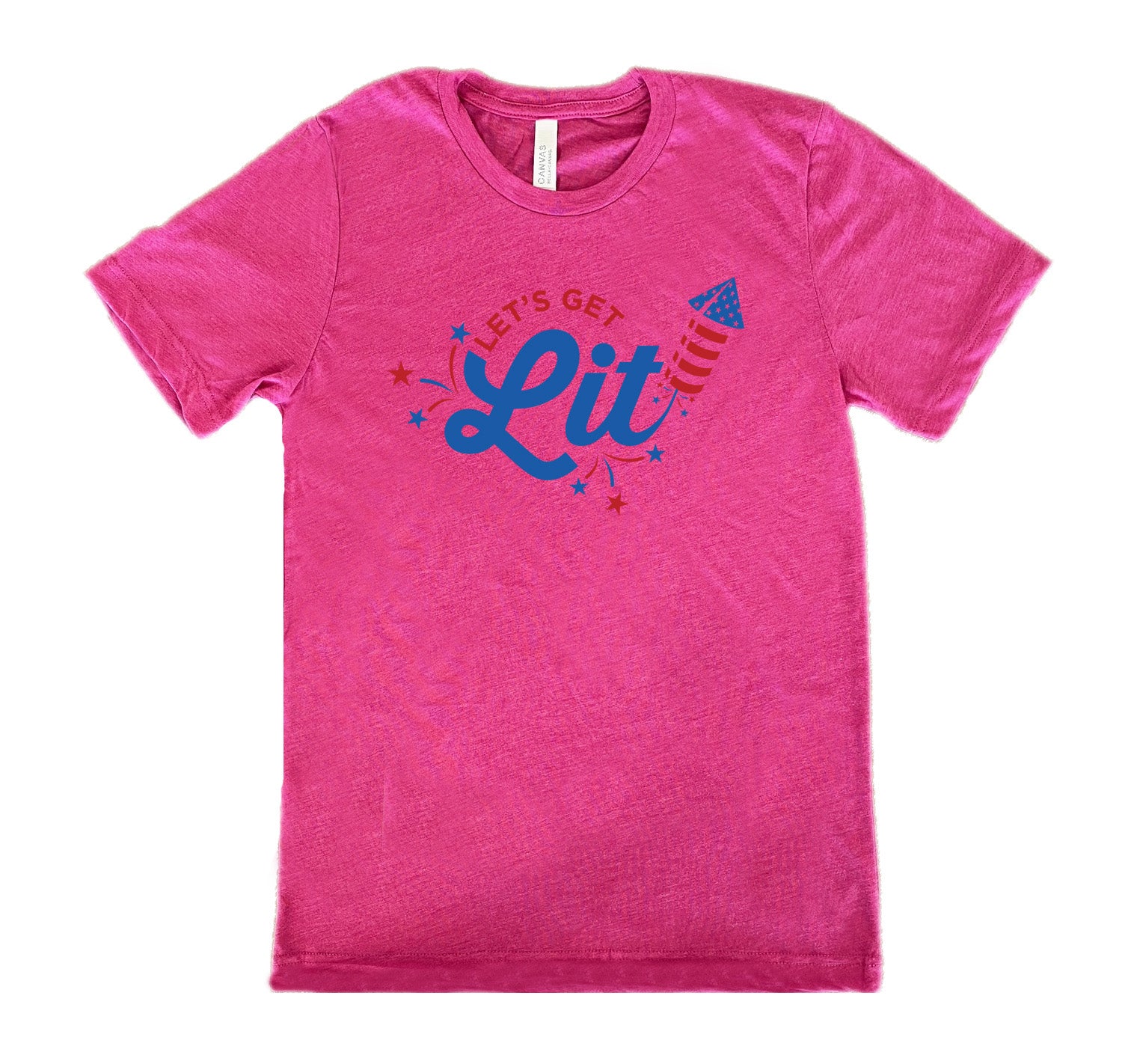 Berry colored shirt with a firework graphic on it that says "Lets Get Lit"