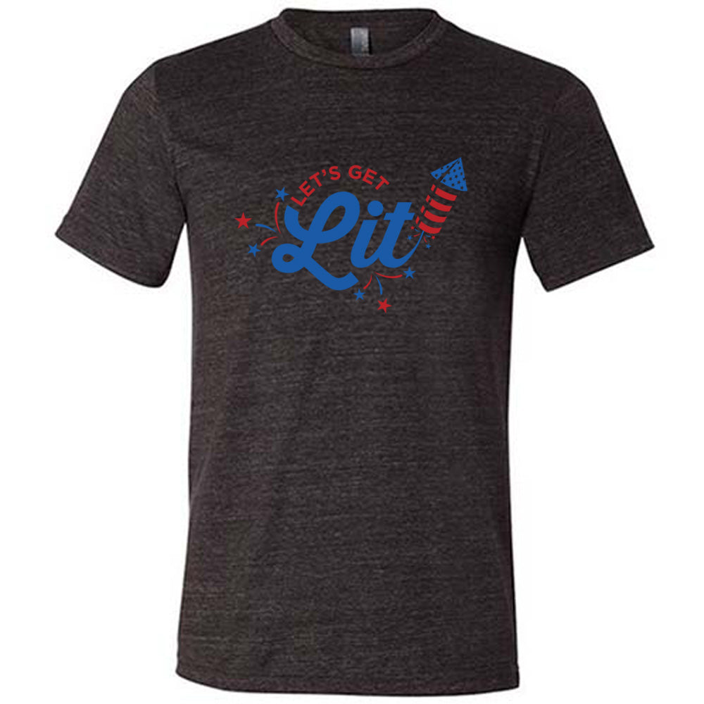 Black colored shirt with a firework graphic on it that says "Lets Get Lit"