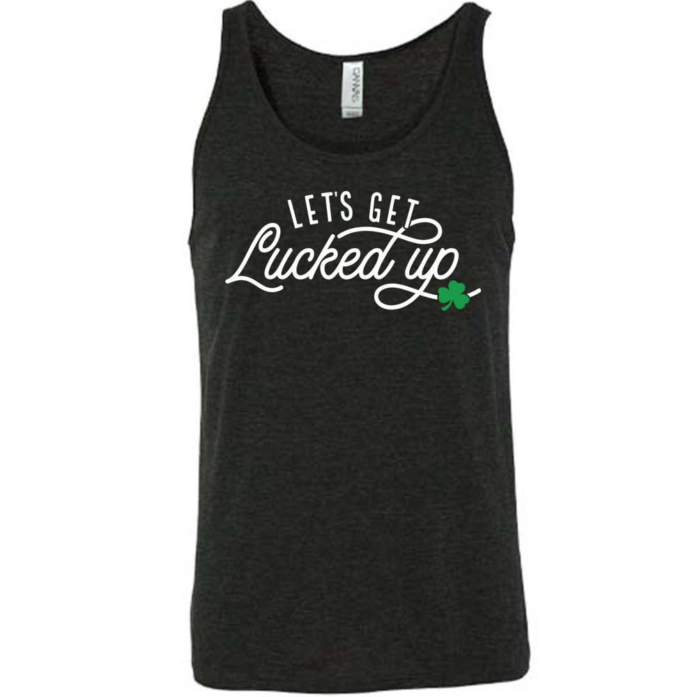 black unisex tank with the words "let's get lucked up" on it with the graphic of a small shamrock