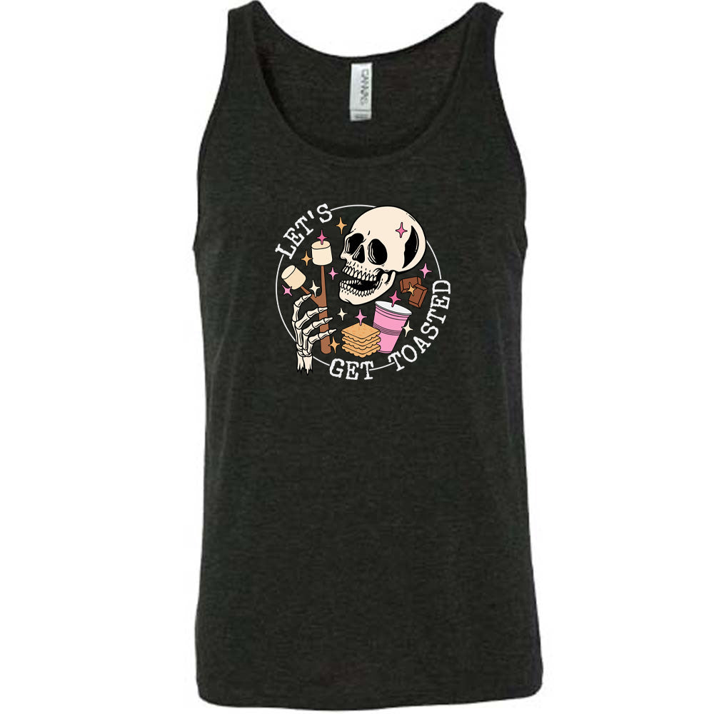 Black colored tank with a skull and marshmallow stick graphic on it that says "Let's Get Toasted"
