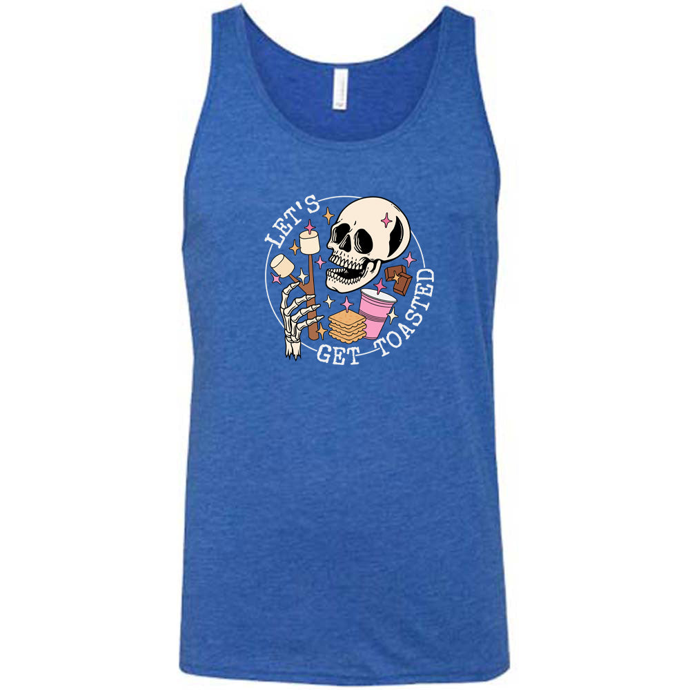 Blue colored tank with a skull and marshmallow stick graphic on it that says "Let's Get Toasted"