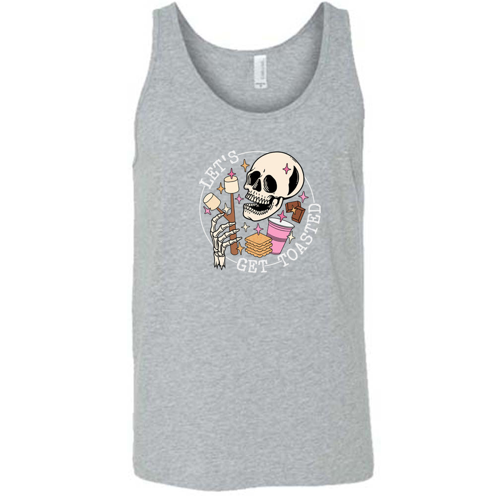 Grey colored tank with a skull and marshmallow stick graphic on it that says "Let's Get Toasted"