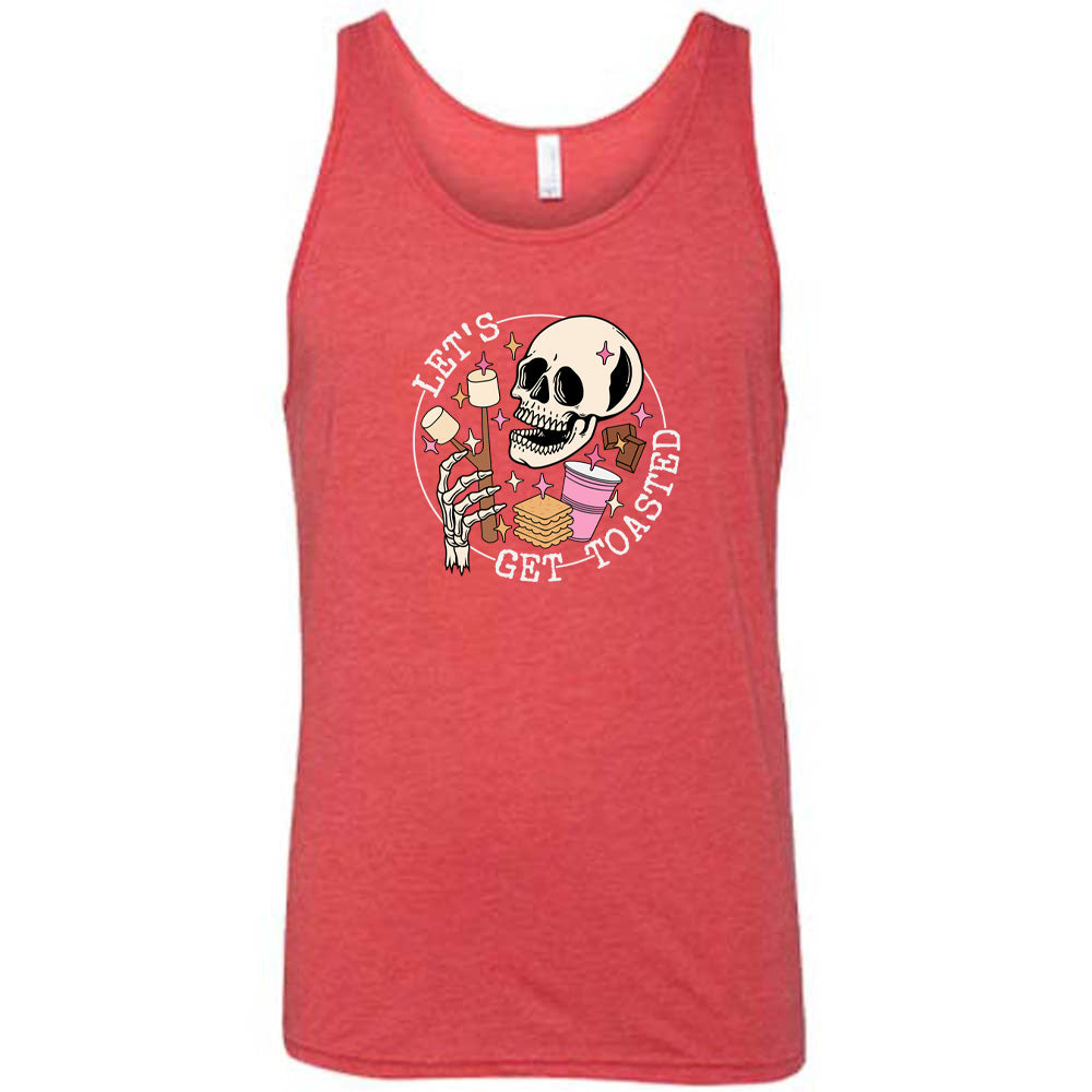 Red colored tank with a skull and marshmallow stick graphic on it that says "Let's Get Toasted"