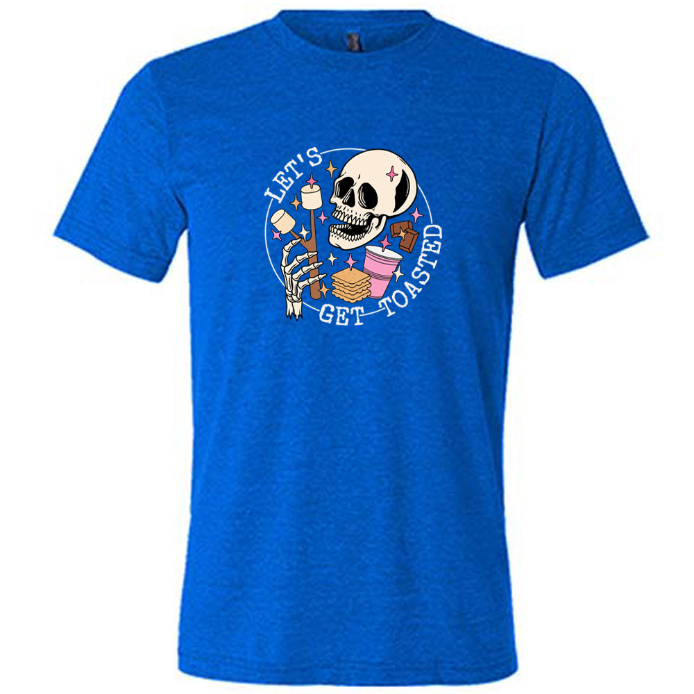 Blue colored shirt with a skull and marshmallow stick graphic on it that says "Let's Get Toasted"