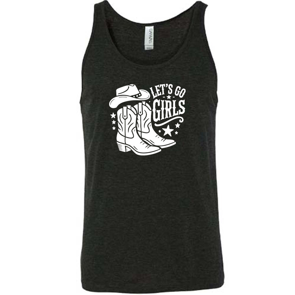 Black colored tank with a cowgirl boot and hat graphic on it that says "Let's Go Girls"