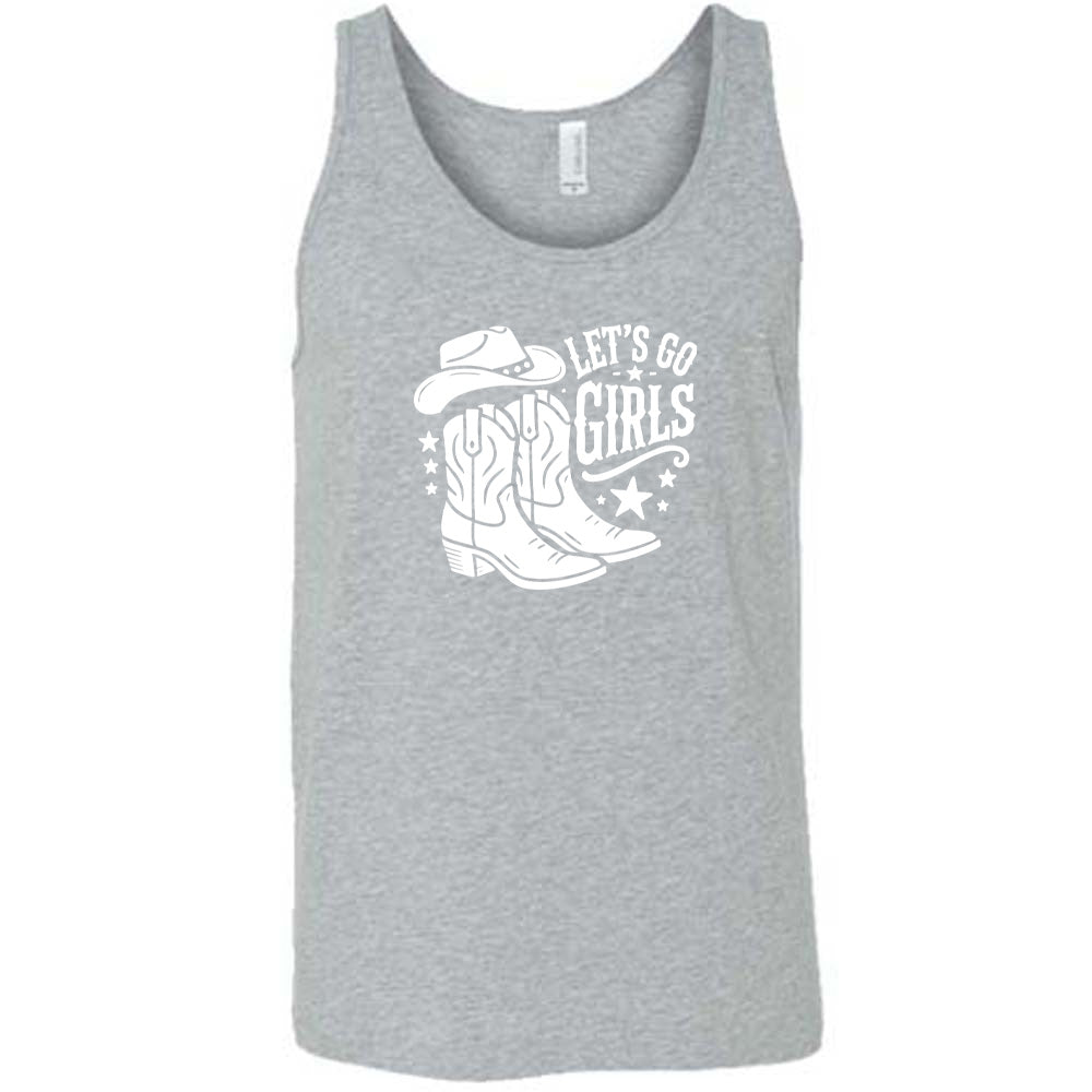 Grey colored tank with a cowgirl boot and hat graphic on it that says "Let's Go Girls"