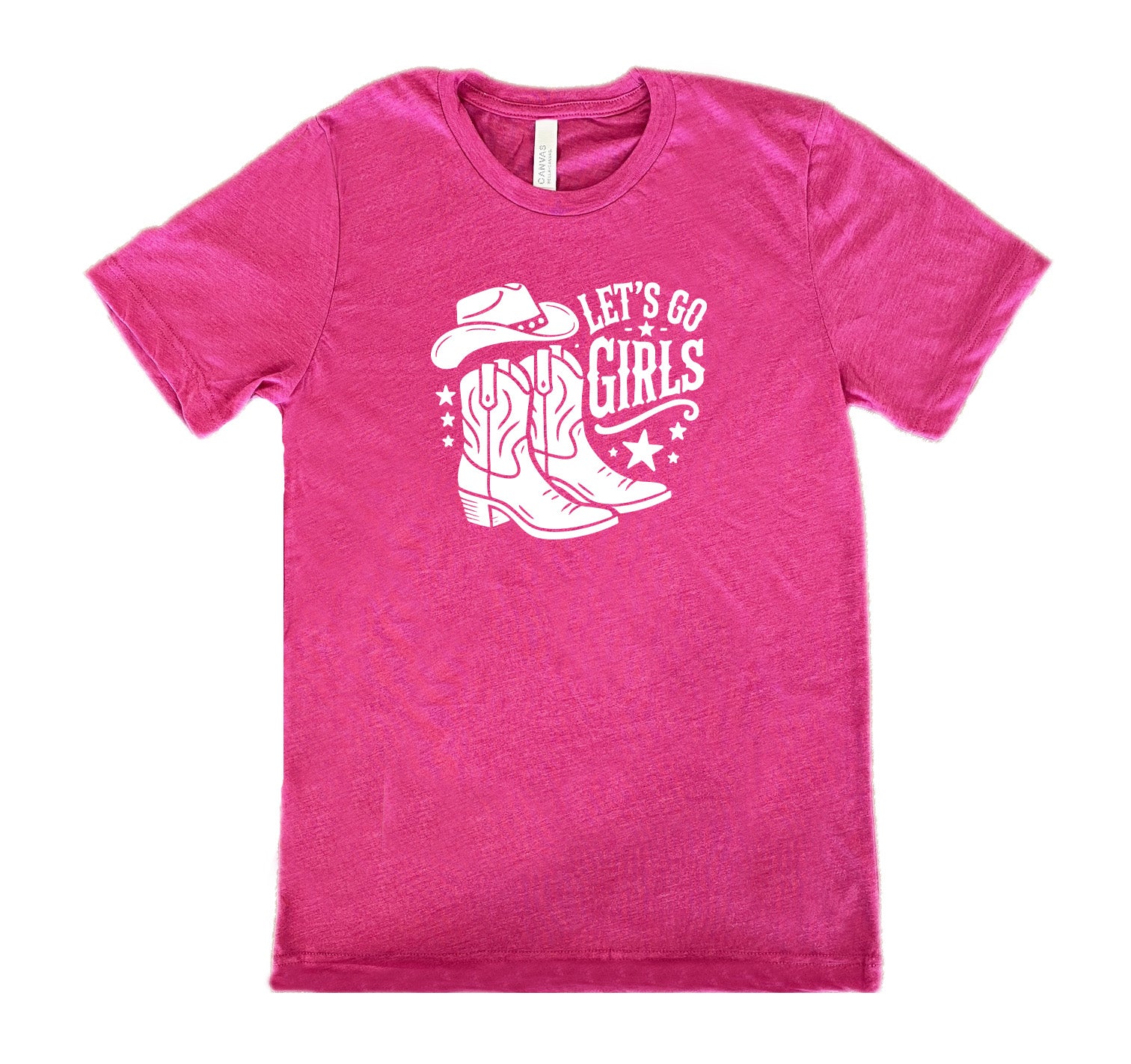 Berry colored shirt with a cowgirl boot and hat graphic on it that says "Let's Go Girls"