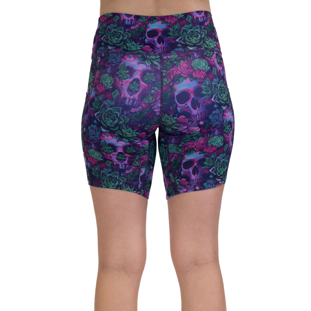 back of the Floral and skull patterned shorts
