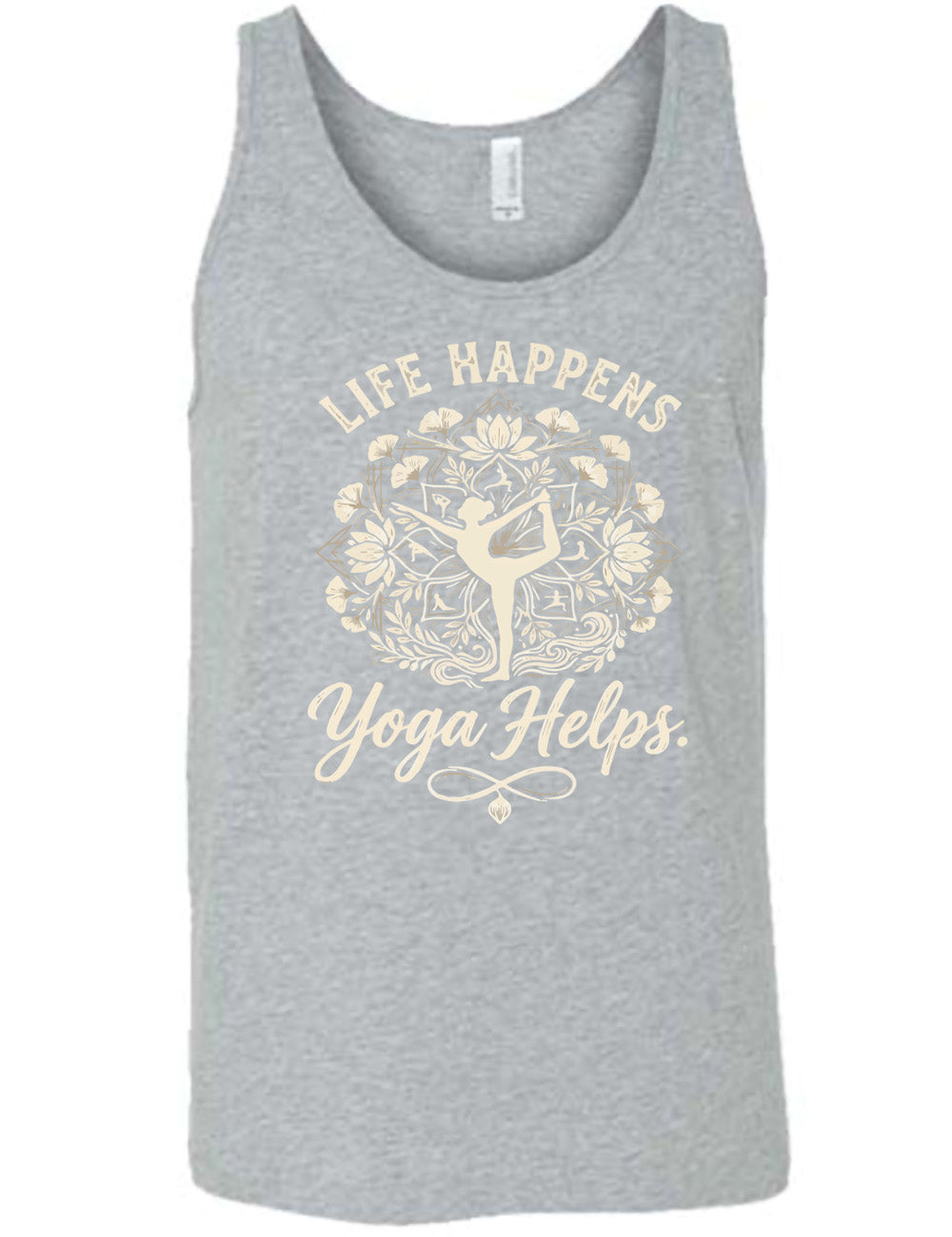 grey unisex tank with the words "life happens yoga helps." on it, around the graphic of a woman's silhouette doing a yoga pose in the middle of a elaborate pattern of shapes, lotuses and other plants