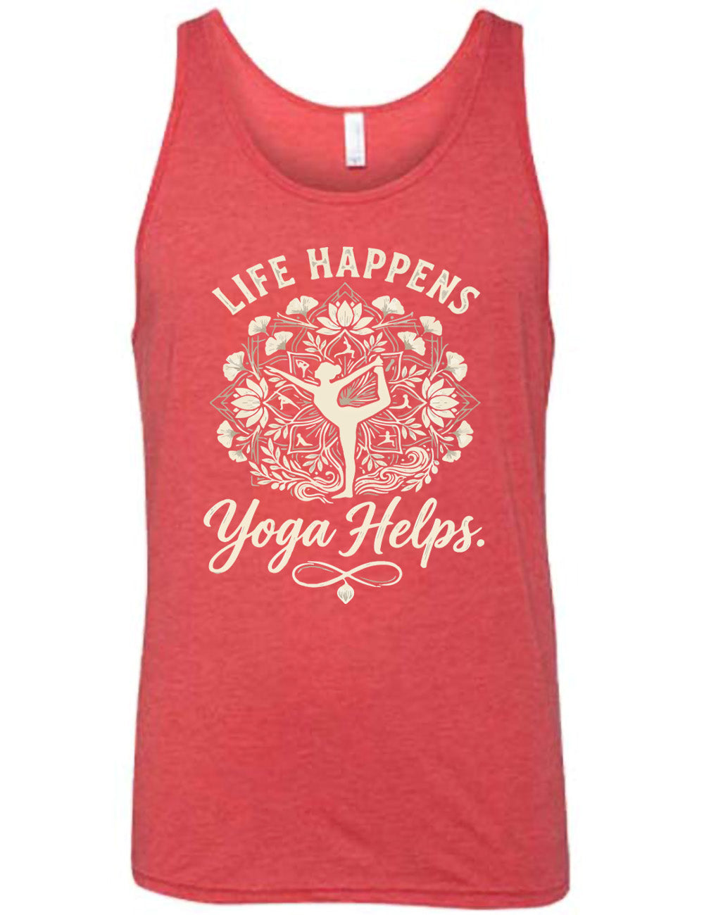 red unisex tank with the words "life happens yoga helps." on it, around the graphic of a woman's silhouette doing a yoga pose in the middle of a elaborate pattern of shapes, lotuses and other plants