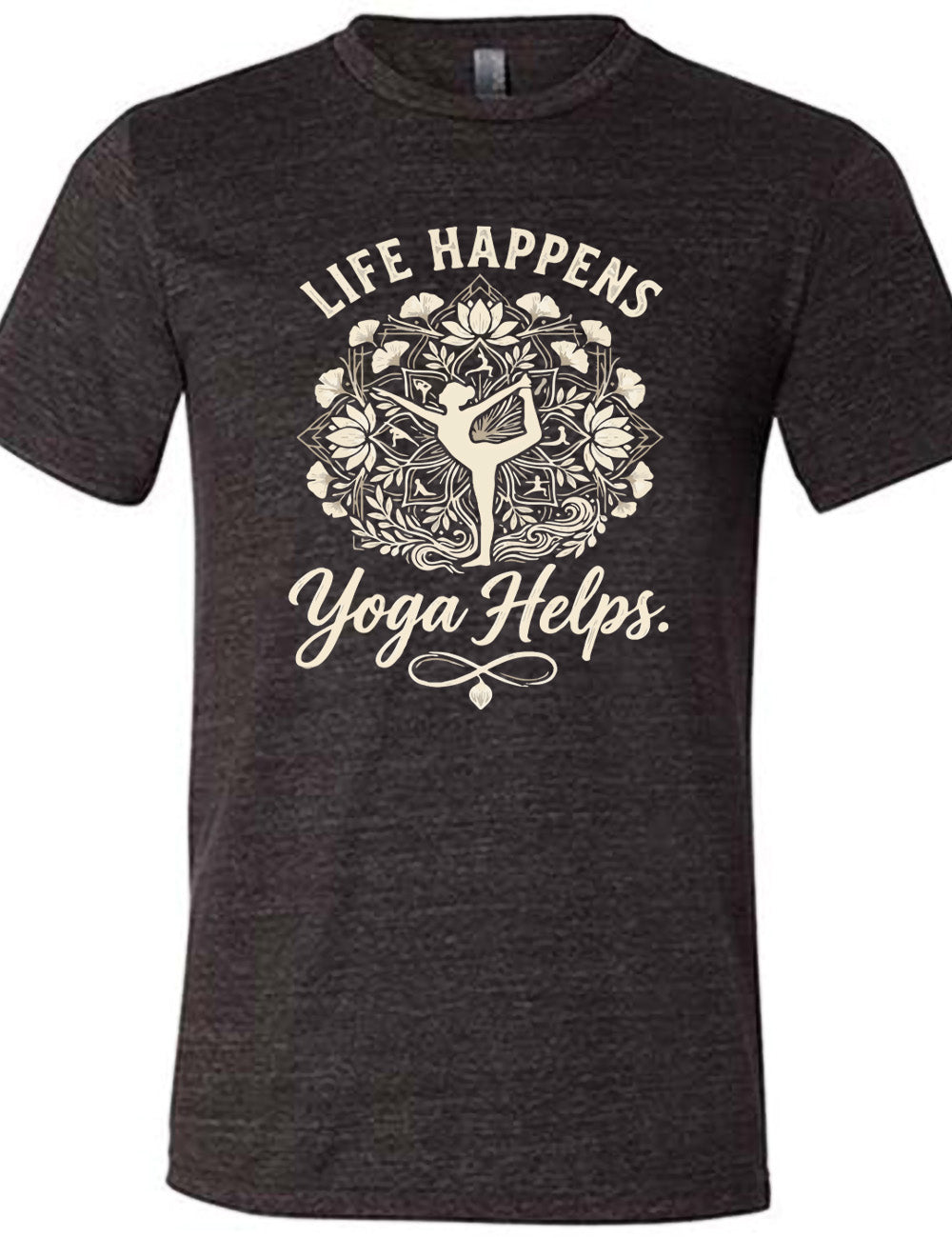 black unisex tee with the words "life happens yoga helps." on it, around the graphic of a woman's silhouette doing a yoga pose in the middle of a elaborate pattern of shapes, lotuses and other plants