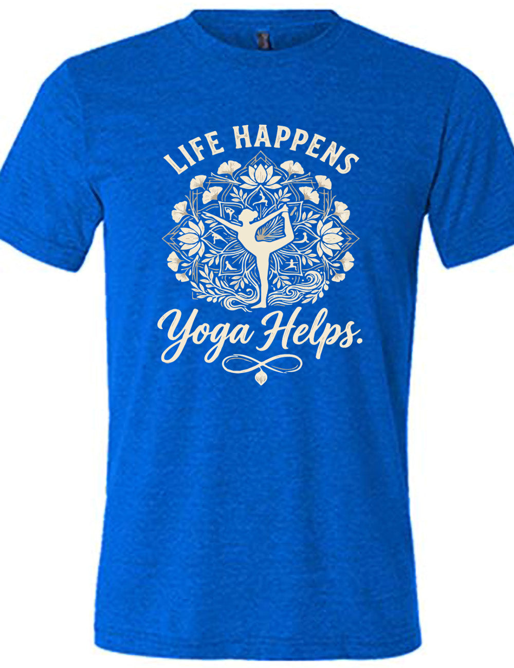 blue unisex tee with the words "life happens yoga helps." on it, around the graphic of a woman's silhouette doing a yoga pose in the middle of a elaborate pattern of shapes, lotuses and other plants