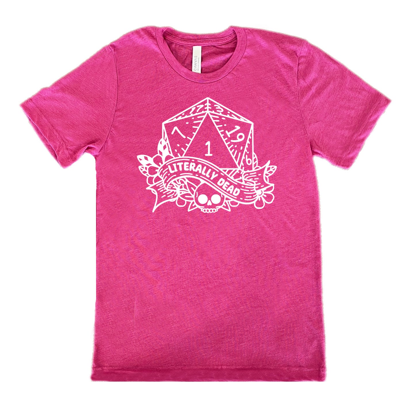 berry unisex tee with the graphic of a dungeons and dragons die (with the numbers 17, 3, 7, 1, 19, and 6 showing) above a skull among flowers, and a small banner reading "literally dead"