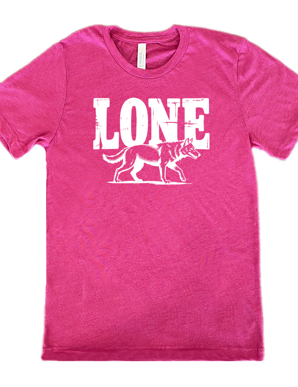 berry unisex tee with the large all caps word "lone" on it, with a wolf graphic underneath