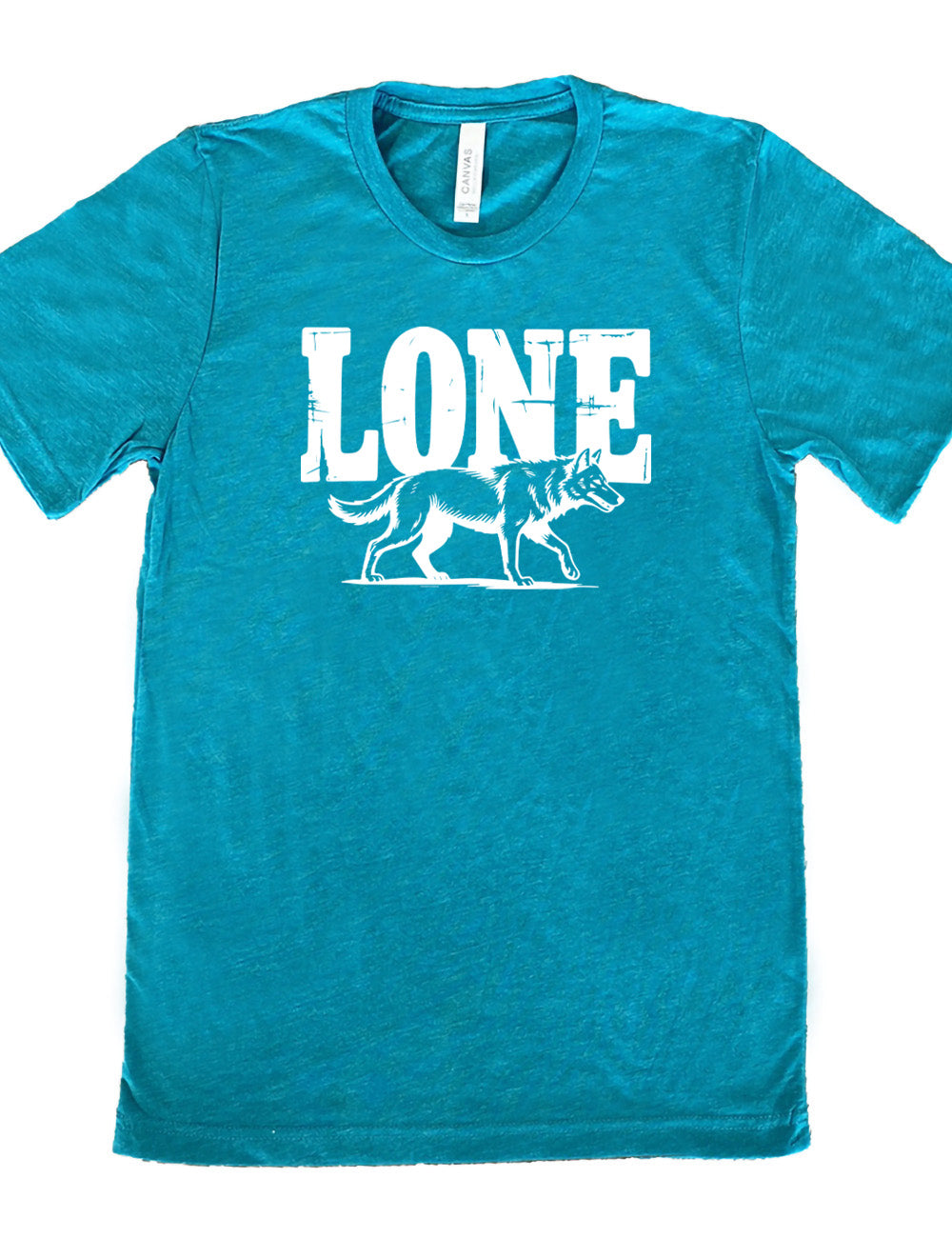 teal unisex tee with the large all caps word "lone" on it, with a wolf graphic underneath