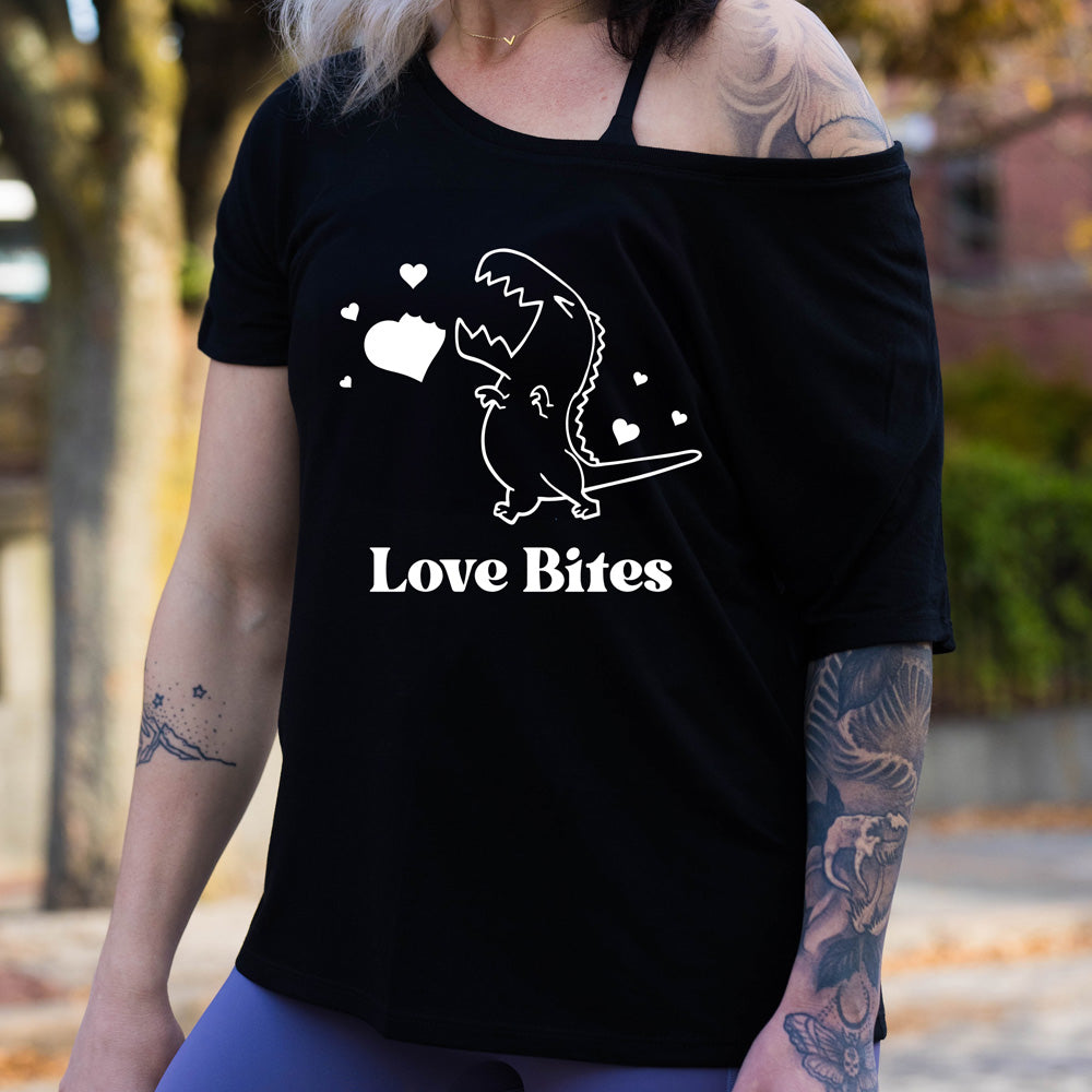 black slouchy shirt with the text "Love Bites" on it