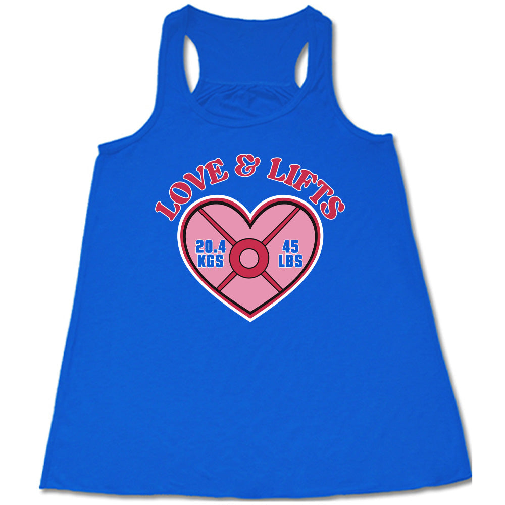 blue flowy tank with the words "love & lifts" on it, and graphics underneath of a heart with "20.4 kgs" and "45 lbs" inside it