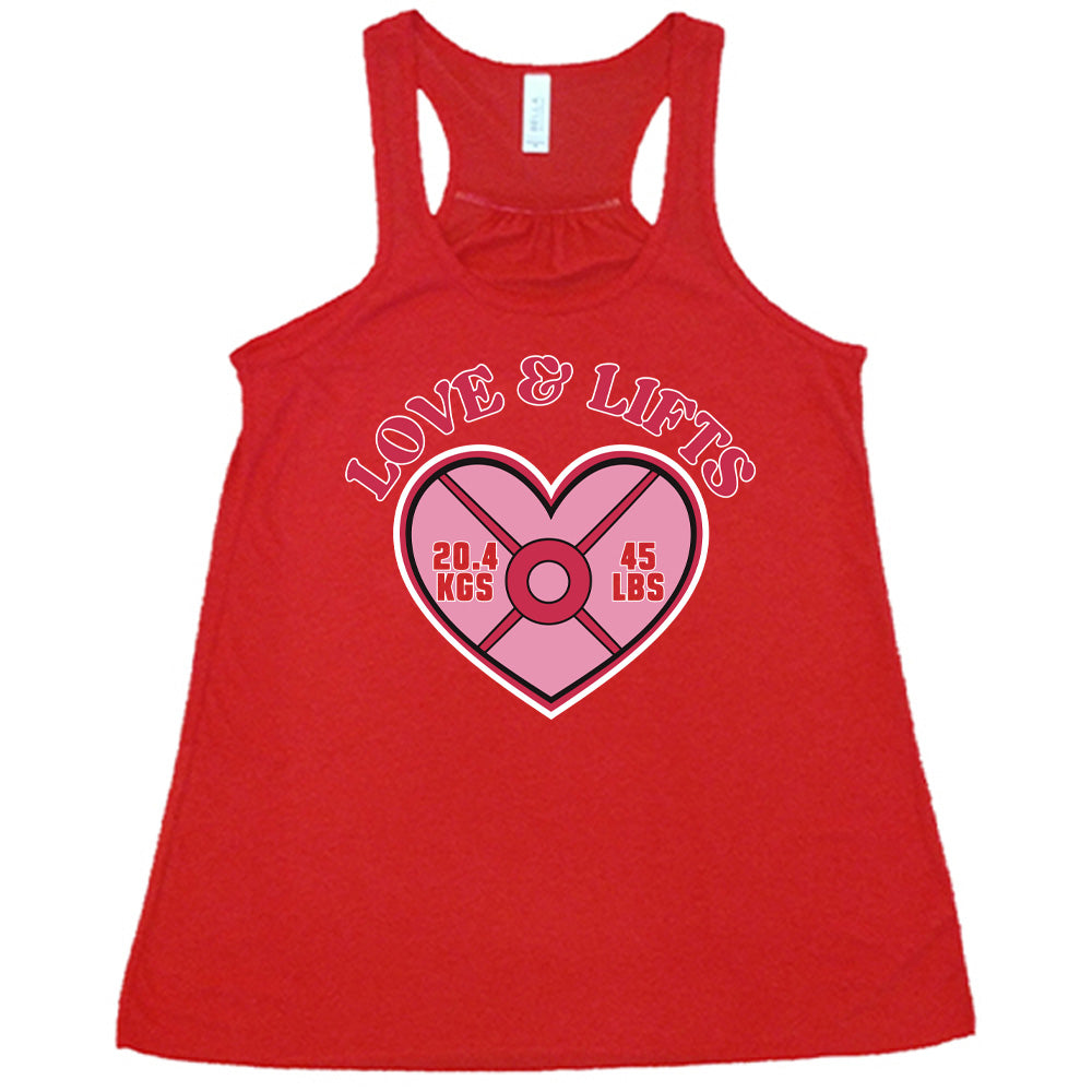 red flowy tank with the words "love & lifts" on it, and graphics underneath of a heart with "20.4 kgs" and "45 lbs" inside it