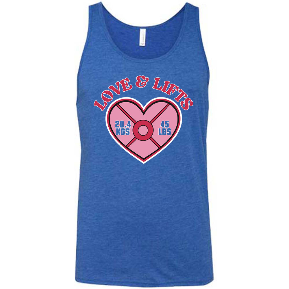 blue unisex tank with the words "love & lifts" on it, and graphics underneath of a heart with "20.4 kgs" and "45 lbs" inside it
