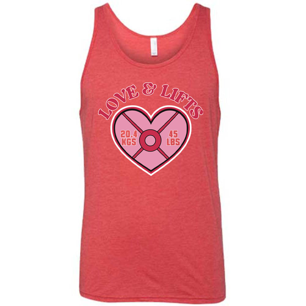 red unisex tank with the words "love & lifts" on it, and graphics underneath of a heart with "20.4 kgs" and "45 lbs" inside it
