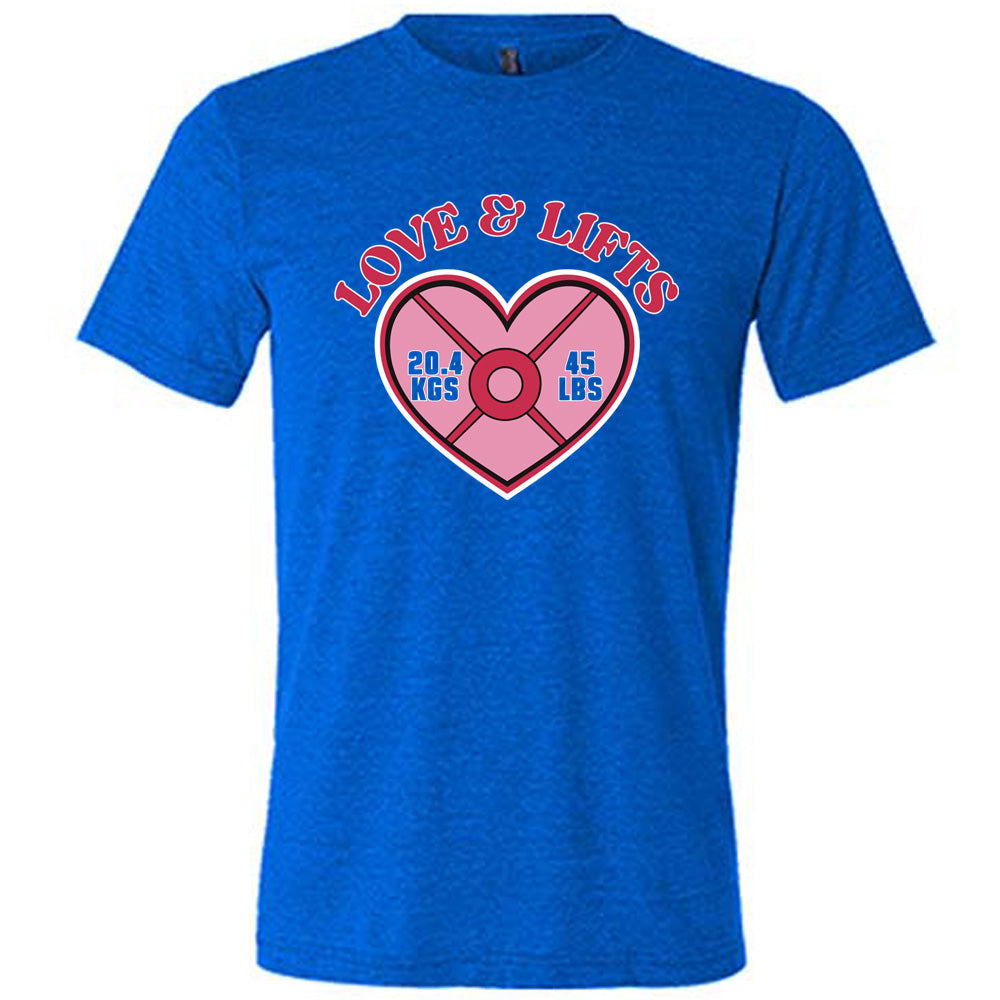 blue unisex tee with the words "love & lifts" on it, and graphics underneath of a heart with "20.4 kgs" and "45 lbs" inside it