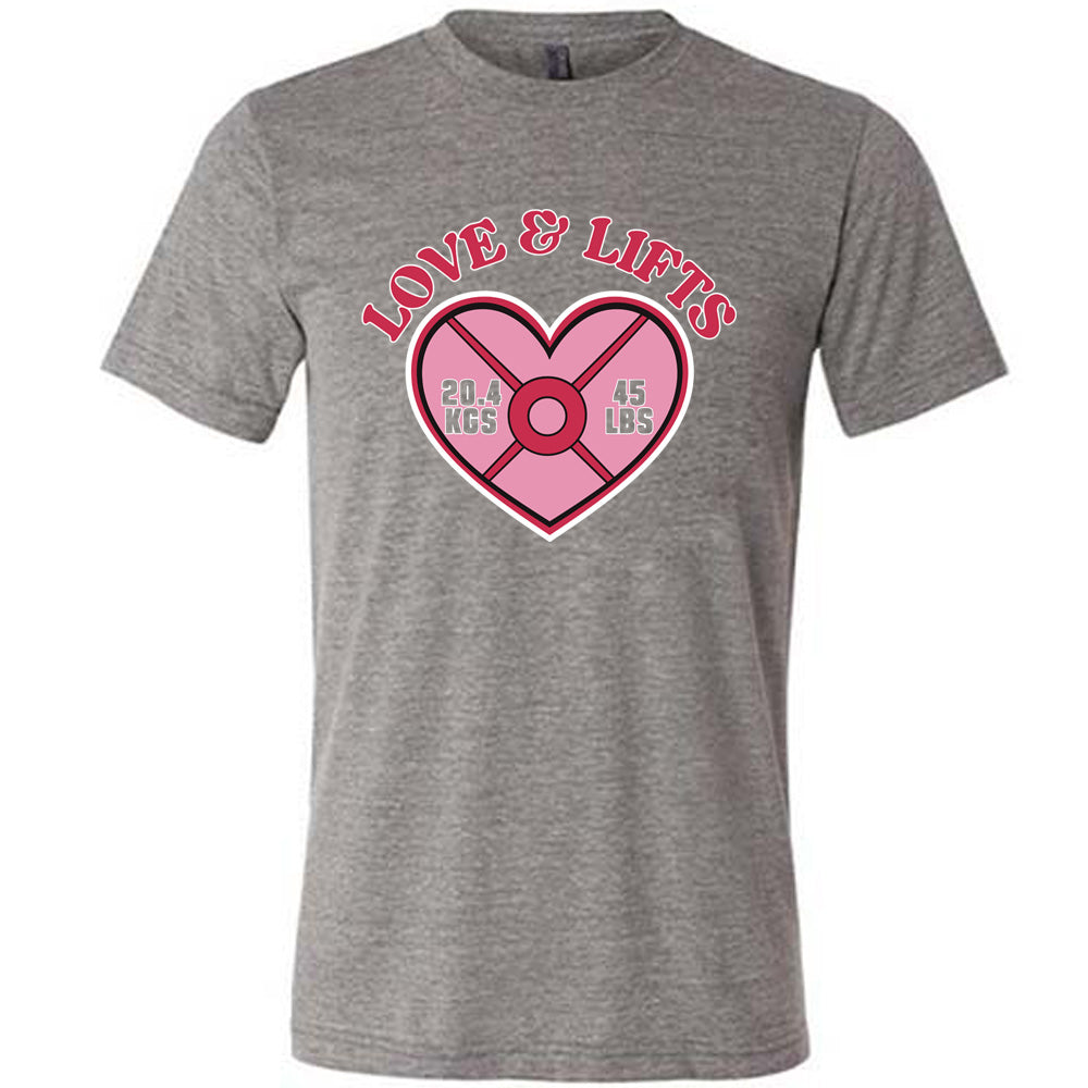 grey unisex tee with the words "love & lifts" on it, and graphics underneath of a heart with "20.4 kgs" and "45 lbs" inside it